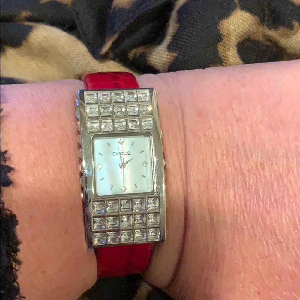 Chico’s red rhinestone cuff watch